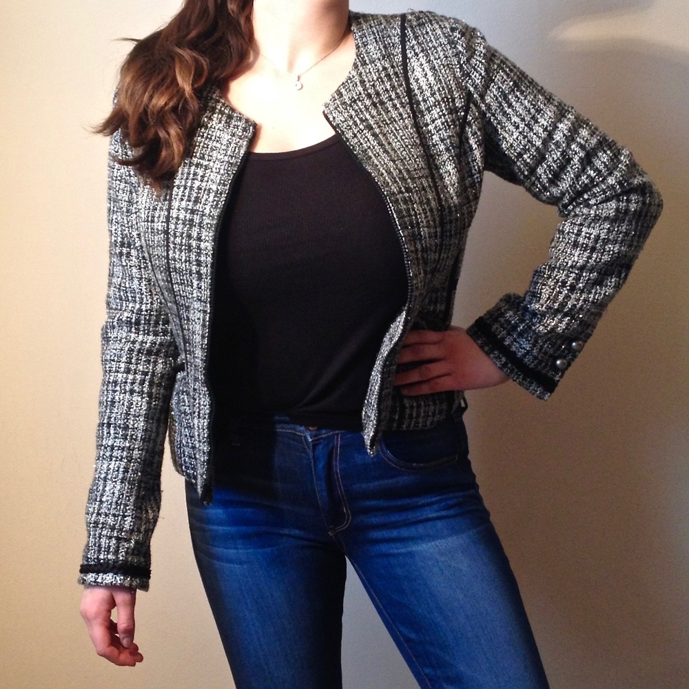 Express Metallic Tweed Blazer with Zipper